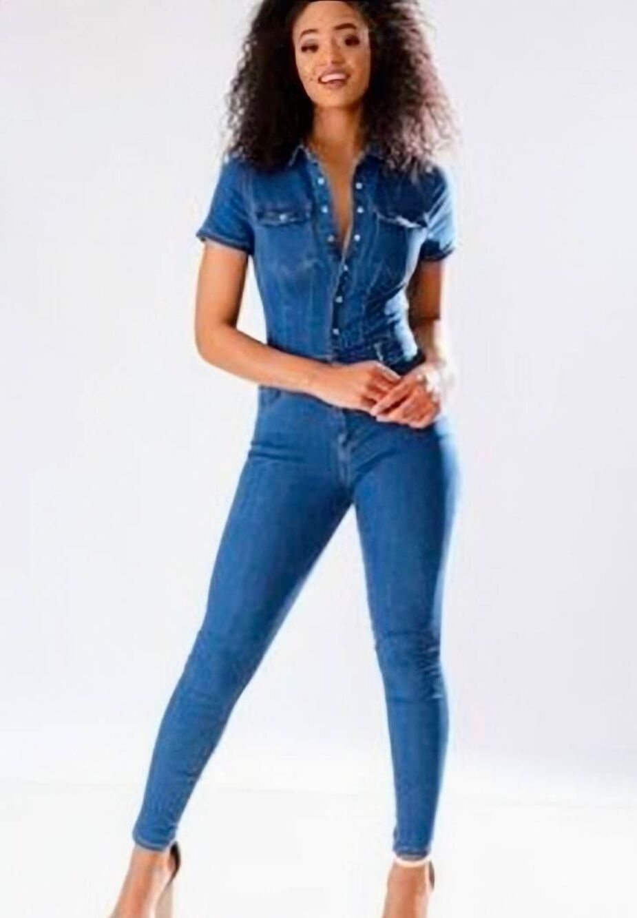 Haute Monde Denim Blue stretch short sleeve jumpsuit womens L